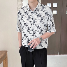 轻熟风~抖音2025夏季薄款冰丝蝴蝶印花中袖衬衫C282/特P33，男装衬衫，电商B331