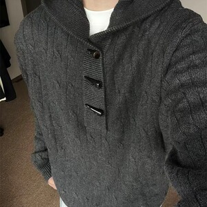 带帽牛角扣针织polo领女2025秋冬季新款宽松软糯百搭毛衣外套图片