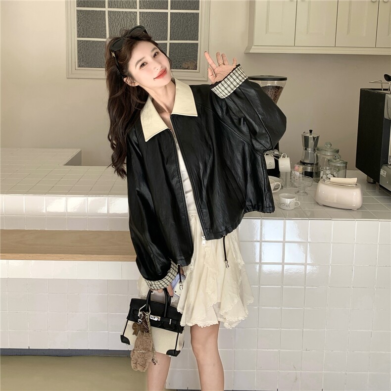 新款现货，拼接皮衣外套2C093-6692-P165-K268,女装短外套,2C093