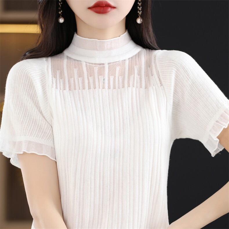 优雅蕾丝边仿羊毛短袖针织衫 精致半高领设计 展现女性魅力图片