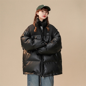 1中性风褶皱波纹拼PU皮棉衣女立领棉服女外套8715P128控168
