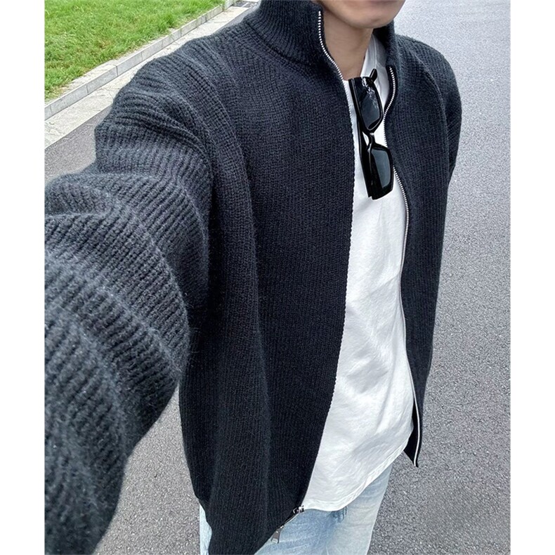 抖音得物保暖立领拉链针织外套秋冬宽松慵懒风纯色毛衣上衣AM02,男装针织衫/毛衣,电商A443