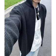抖音得物保暖立领拉链针织外套秋冬宽松慵懒风纯色毛衣上衣AM02，男装针织衫/毛衣，电商A443