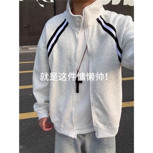 条纹拼接开衫卫衣男款秋季潮牌学院风运动外套美式立领夹克HT24图片