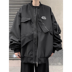 港风复古铁标设计感外套男春秋不规则棒球服工装上衣情侣飞行服图片
