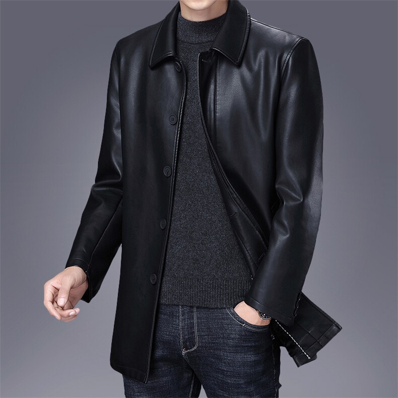 仿皮皮衣男秋季新款商务休闲纯色上衣中青年男士爸爸装中长款外套，男装皮衣，电商B212（原钱塘6029）