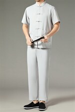 2022风男士唐装夏季亚麻短袖中老年套装复古风潮牌汉服两件套，男装中老年男装，钱塘723