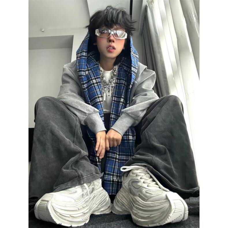 【有货】假两件格子拼接卫衣男款设计感连帽开衫外套JL97HH-特P68,女装短外套,星座1007（原301D）