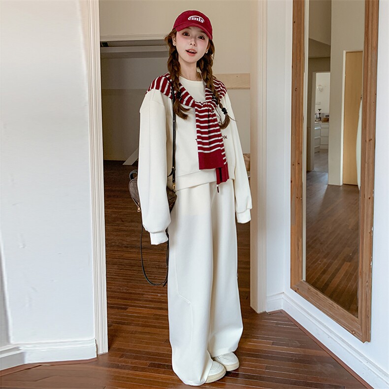 米白色卡通印花卫衣套装女2025春季新款奶乎乎条纹披肩卫裤三件套,女装套装/套裙,2C317