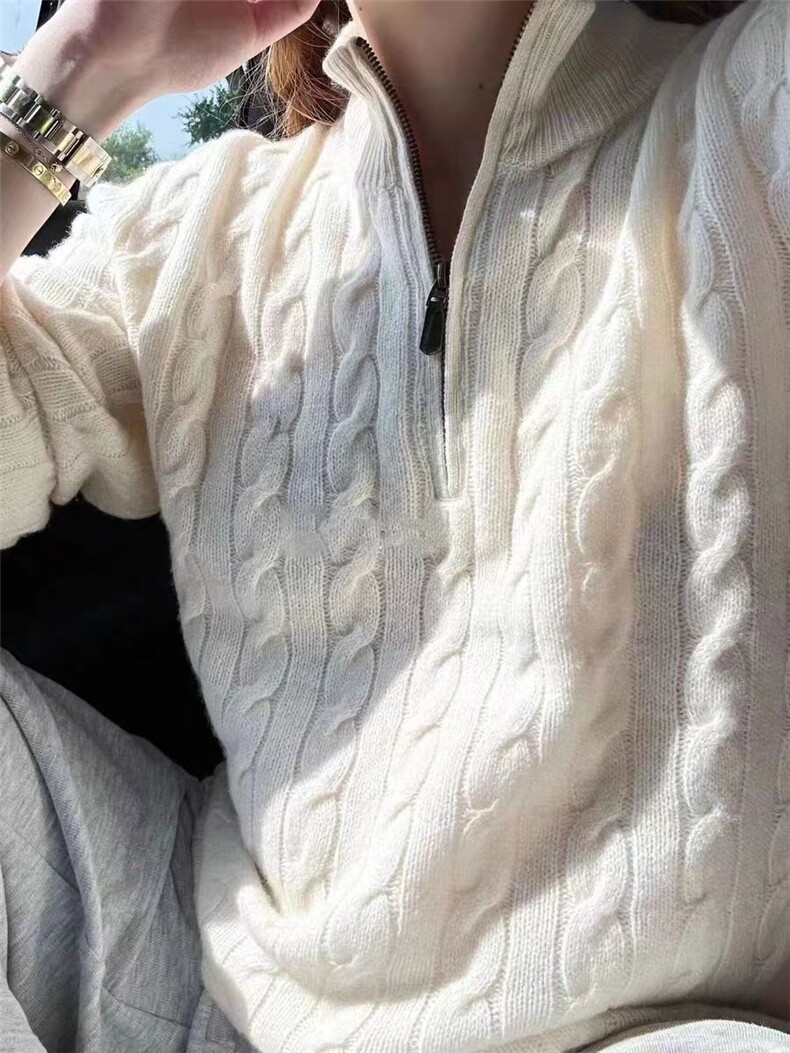 秋季新款舒适显瘦时尚百搭麻花半拉链针织衫,女装羊毛衫,恒恩羊绒