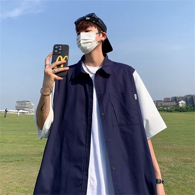 夏季日系男工装短袖衬衫痞帅高级感休闲假两件衬衣五分袖C311-P38,男装衬衫,星座1109-3