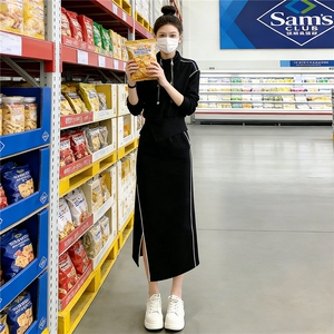 个性简约时尚减龄套装女春季新款连帽短款卫衣开叉半身长裙两件套图片
