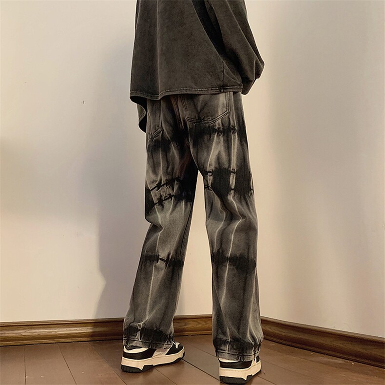 牛仔裤男春季新款扎染直筒高腰宽松阔腿裤长裤N09201-P40,男装牛仔裤,星座308B-1