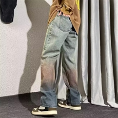 夏季新款破洞拖地牛仔裤女美式复古辣妹直筒宽松慵懒风阔腿长裤子，男装牛仔裤，星座506A