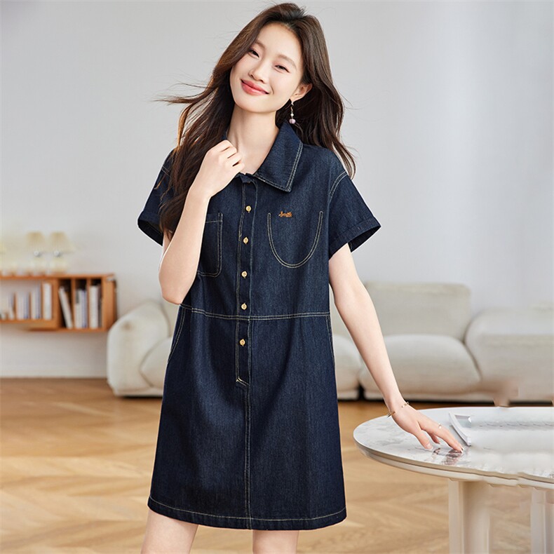 深蓝色休闲牛仔连衣裙女2025夏季新款小个子宽松翻领短袖衬衫裙子,商品下架区,魅家