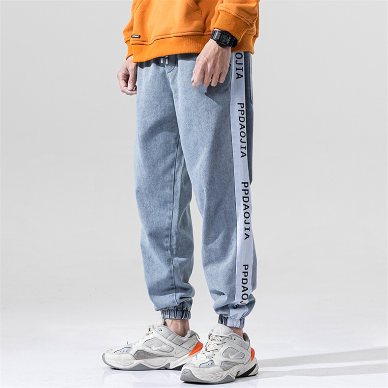 2021秋季日系男美式大码字母印花拼接束脚九分牛仔裤K598-P45,男装牛仔裤,电商A001
