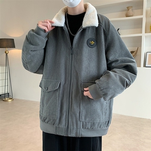 灯芯绒羊羔毛夹克外套男士冬季宽松加绒厚休闲翻领外套上衣服特P图片