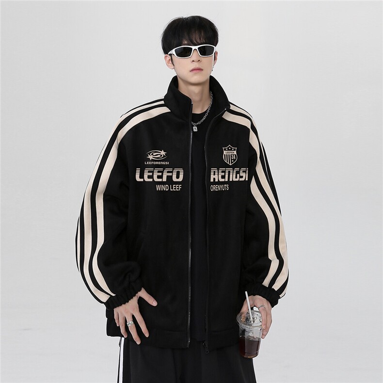 春季款2025美式側条纹麂皮绒棒球服外套男潮牌高街运动夹克特p68图片