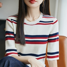 2025年秋季新款百搭女士圆领短袖条纹针织衫，女装针织衫/毛衣，丹芙娇羊绒
