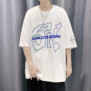 潮流原创设计款字母印花短袖T恤大码宽松男潮517A-1-T912-P28控38图片