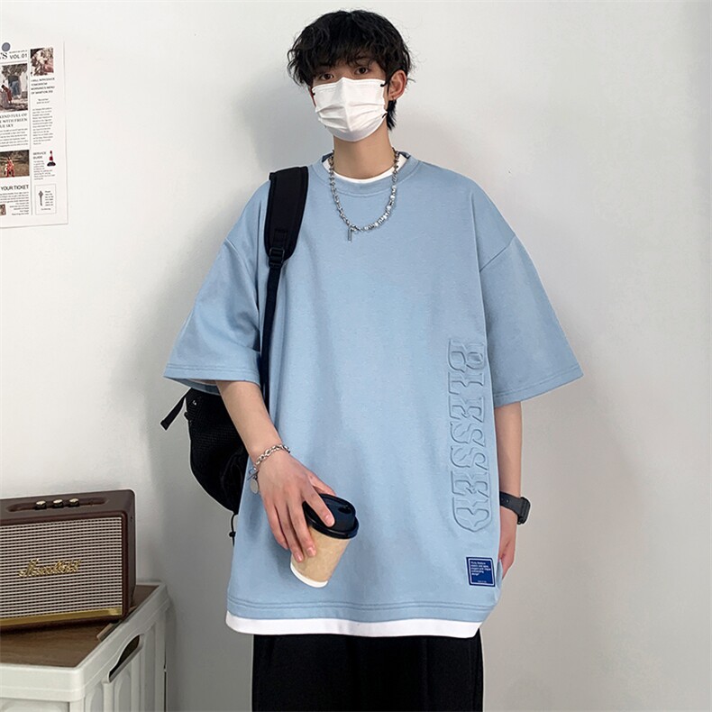 冰氧仿棉短袖港风白墙夏季休闲百搭刺绣纯色男上衣TC3148-P24控48,男装T恤,星座717