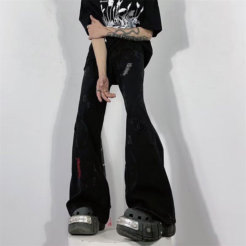 美式复古设计感刺绣拼接做旧微喇叭牛仔裤男女阔腿拖地裤子,男装牛仔裤,星座506