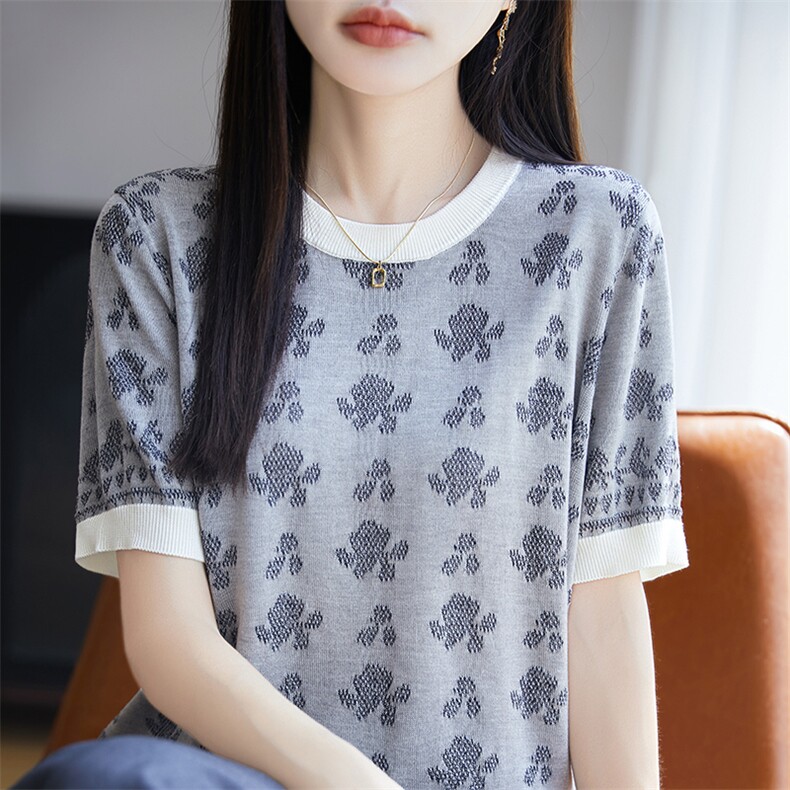 25年拼色莱赛尔天丝针织短袖T恤女圆领提花上衣宽松半袖打底上衣,针织衫/毛衣,郡淞羊绒