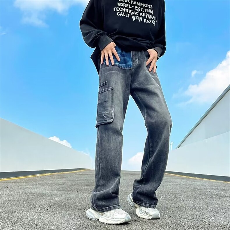 黑灰色拼接工装牛仔裤男秋季潮牌机能美式街头痞帅高街CK999-P55,男装牛仔裤,星座1109-3