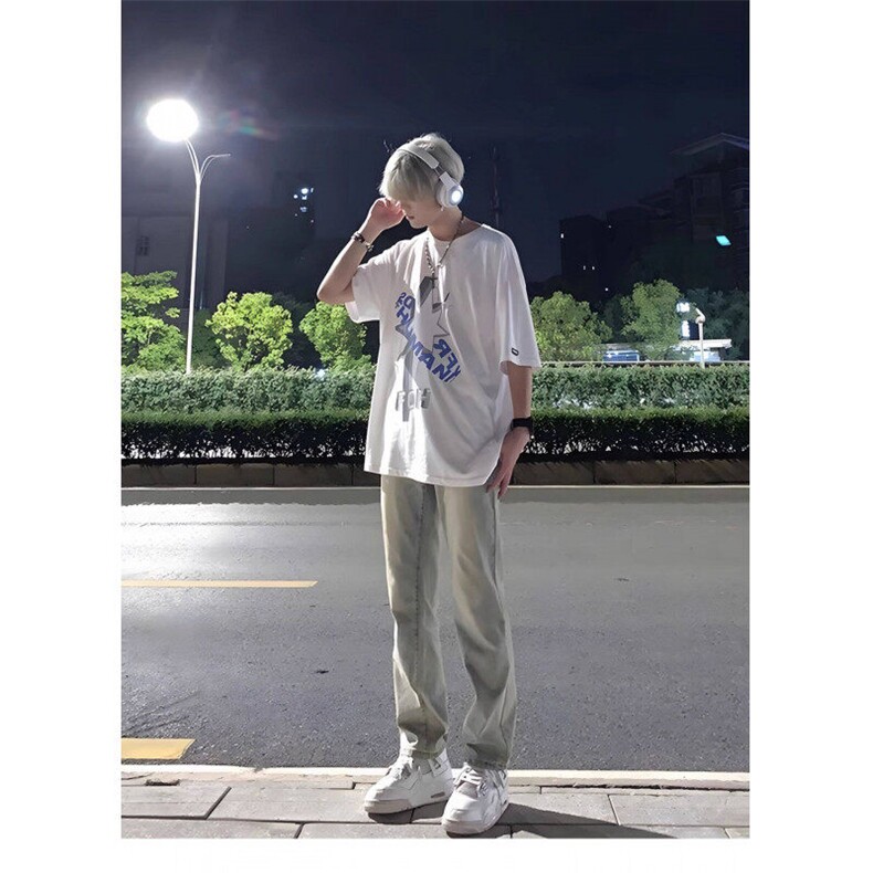 美式高街vibe复古水洗做旧黄泥染拉链开叉牛仔裤男直筒微喇长裤子,男装牛仔裤,星座506A