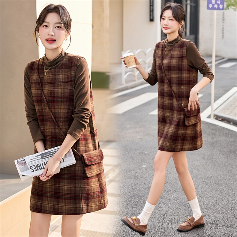 小香风连衣裙秋冬2025新款长袖T恤加厚格子毛呢打底背心裙两件套，女装套装/套裙，盈茜