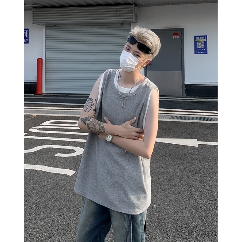 夏季新款克罗心华夫格假二件背心宽松版无袖圆领T恤男ZX438-P28,男装背心/马甲,星座313A(原308A-2)