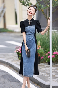 优雅气质收腰显瘦连衣裙女夏季牛仔拼接设计感小众裙子2025新款潮图片
