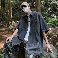 美式复古牛仔短袖衬衫男夏季潮牌高街休闲百搭P43，男装衬衫，星座1116-2