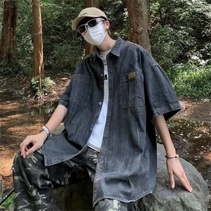 美式复古牛仔短袖衬衫男夏季潮牌高街休闲百搭P43图片