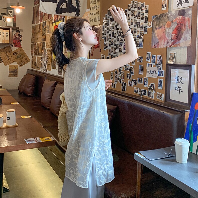 法式蕾丝绣花背心套装裙女2025夏季新款甜美减龄T恤半身裙三件套,女装套装/套裙,浙宝305