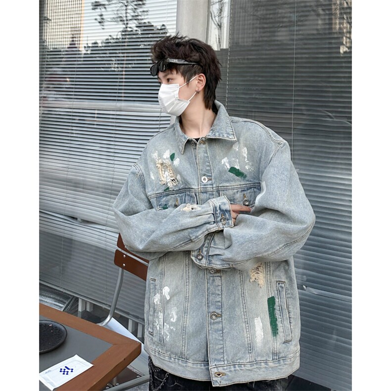 美式破洞牛仔外套男春新款潮牌泼墨工装高街翻领夹克JK08865-P65,男装夹克,星座308B-1