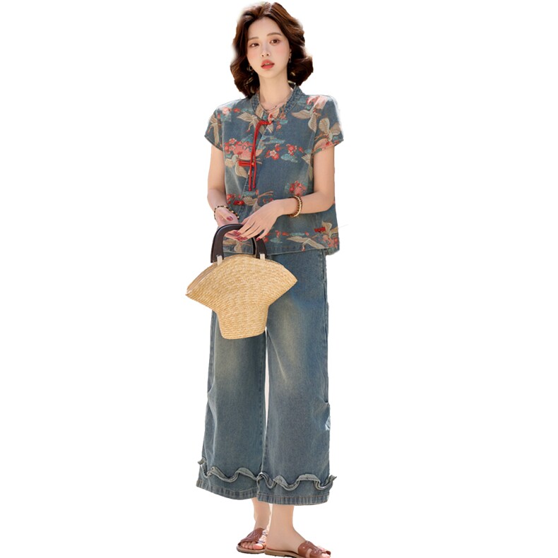 中式复古印花短袖上衣阔腿裤套装女夏两件套气质显瘦2026年夏季,女装套装/套裙,欣品汇