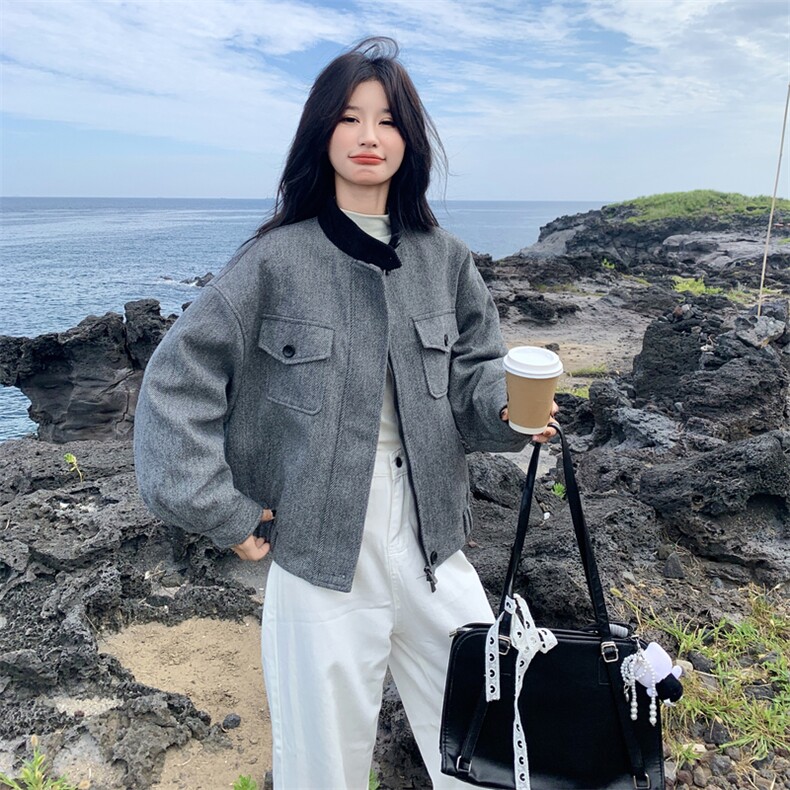 现货：冬装新款复古韩系撞色毛呢羽绒服2C135-8927P285K428,女装羽绒服,2C135