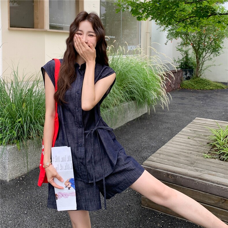 小个子穿搭薄款牛仔衬衫套装女夏季新款设计感休闲显瘦短裤两件套,女装套装/套裙,2C090