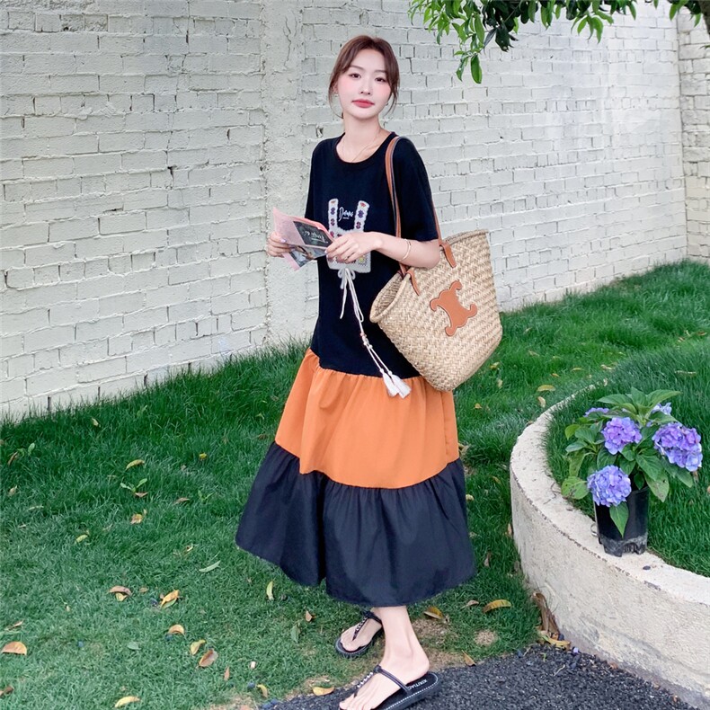 设计感轻熟风撞色拼接宽松t恤长裙女夏季新款别致洋气黑色连衣裙,女装连衣裙,2C113