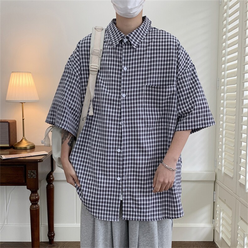 2025夏季新款格子宽松大码短袖衬衫潮衬衣A017C10P45,男装T恤,电商A017
