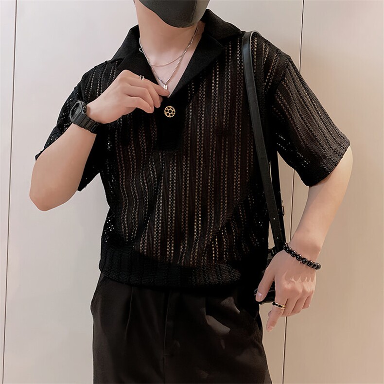 8951/P48控68夏季小伙痞帅镂空薄款V领透气t恤短袖男款上衣黑首2,男装T恤,星座305B