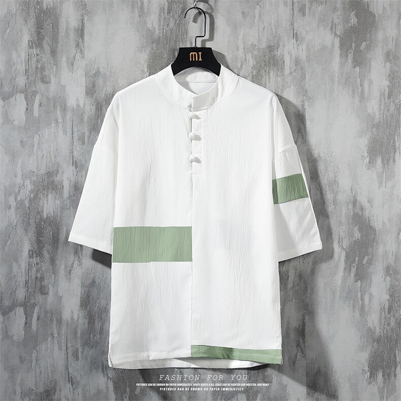 夏季民族风套头休闲时尚男拼接都市大码宽松短袖t恤唐装盘扣男装，男装T恤，电商A011（原4039）
