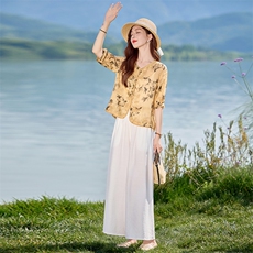 新中式棉麻套装女2025夏季高端复古刺绣印花上衣气质阔腿裤两件套，女装套装/套裙，魅影