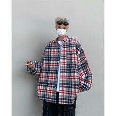 港风秋款男条纹格子衬衫破洞宽松长袖衬衣外套CS36P45，男装衬衫，星座1013-1