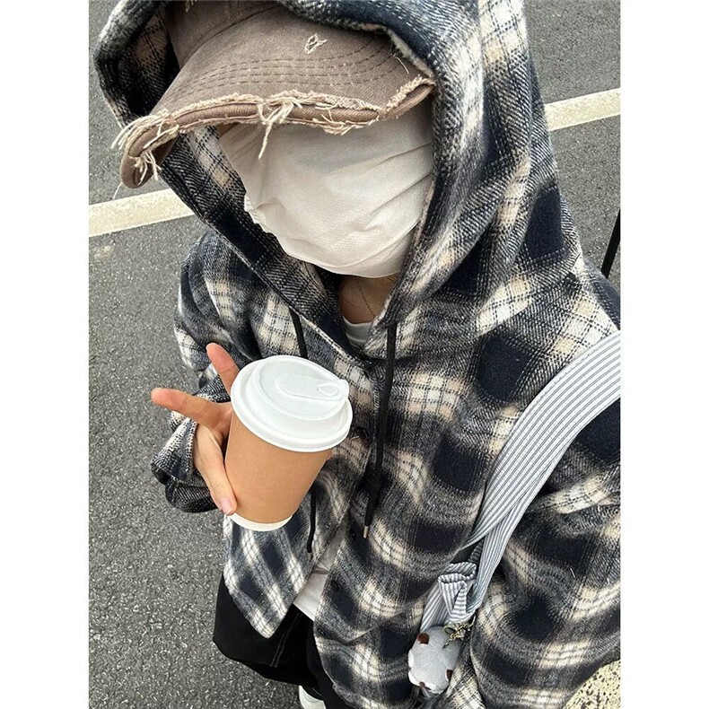 C144-P36 磨毛格子连帽上衣男女春秋青少年潮牌格纹长袖衬衫图片
