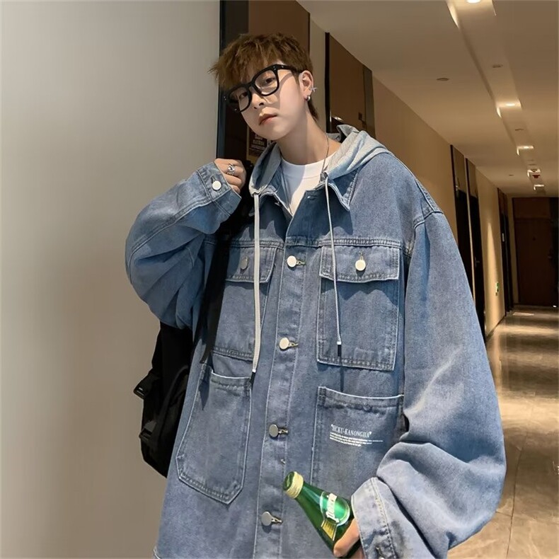 慵懒春秋男新款青春流行收口袖连帽夹克外穿潮流纯色长袖潮图片