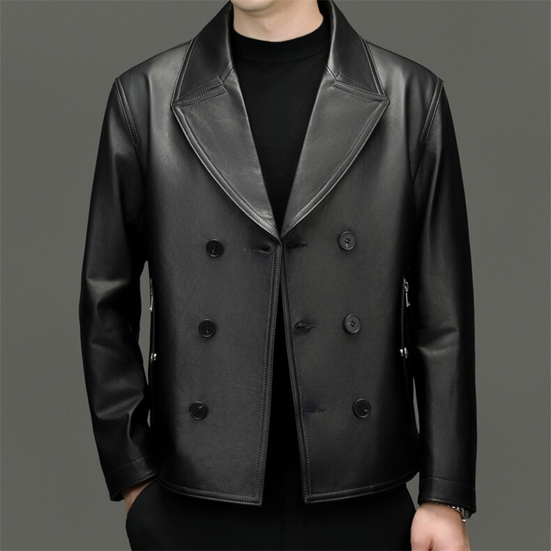 海宁真皮皮衣2025年新款中老年男士双排扣牛皮西装领夹克外套秋季，男装夹克，电商B360A（原721A）