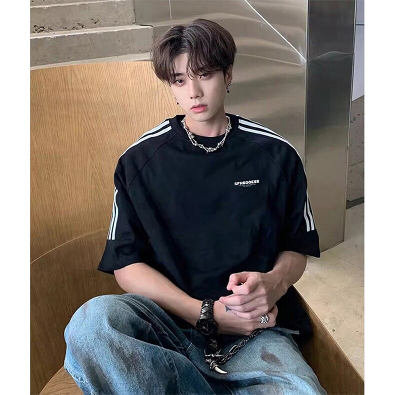 抖音得物高品质二开240克宽松纯棉美式潮牌三条杠织带短袖T恤，男装T恤，电商A486-1