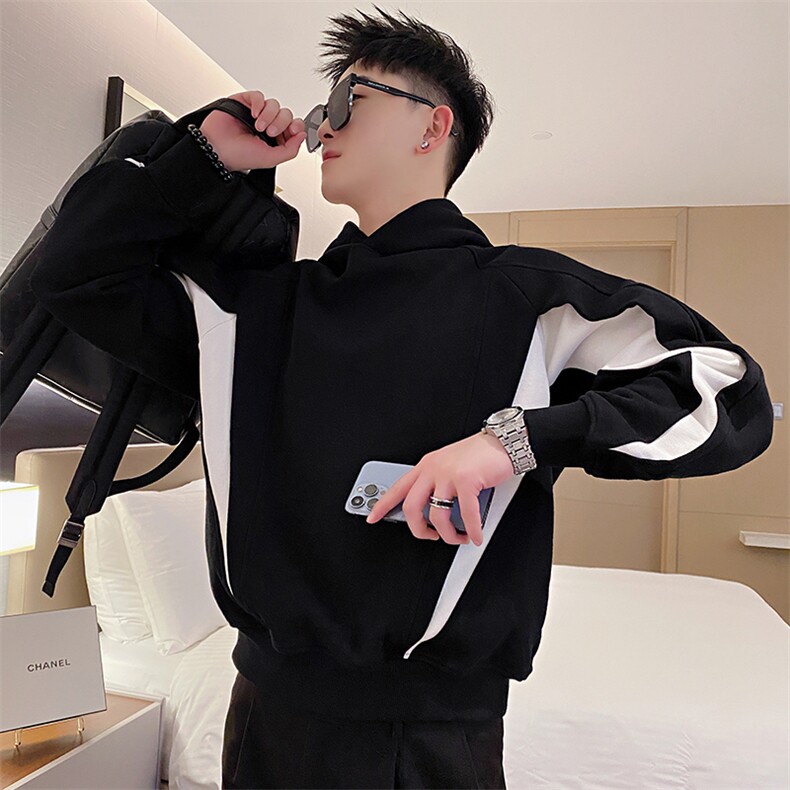 AW96/P78控108秋季社会小伙连帽拼接撞色结构长袖卫衣男黑首,男装卫衣,星座305B-1